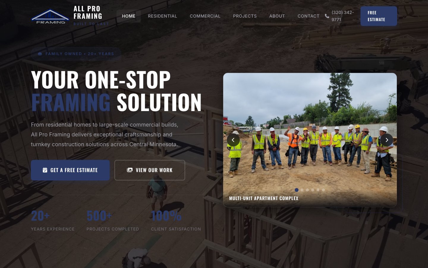 All Pro Framing website homepage