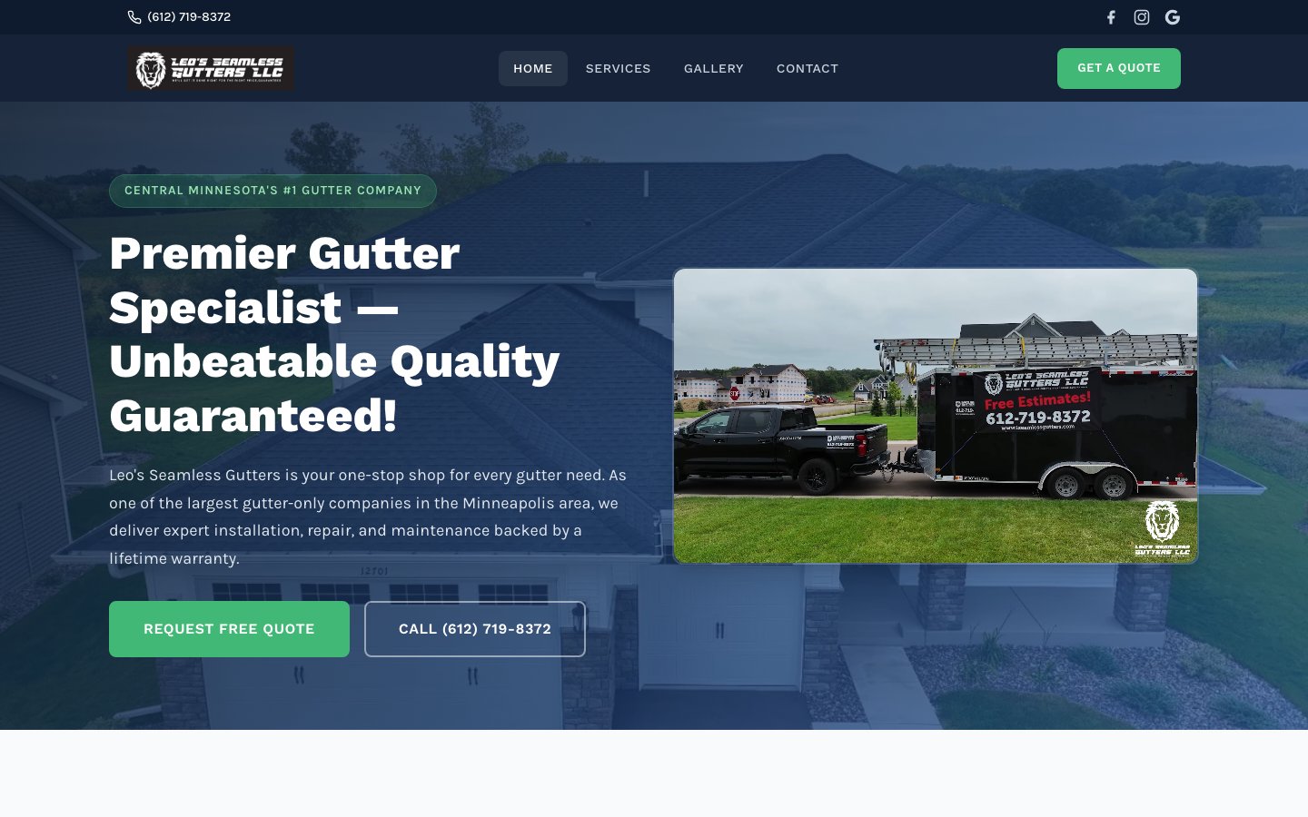 Leo's Seamless Gutters website homepage